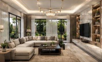 Living room with tall windows